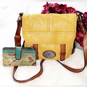 FOSSIL Yellow Croc Leather Crossbody Bag with Wallet
